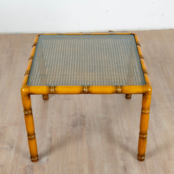 Tavolino in legno di bambù, canna e vetro quadrato, 1970