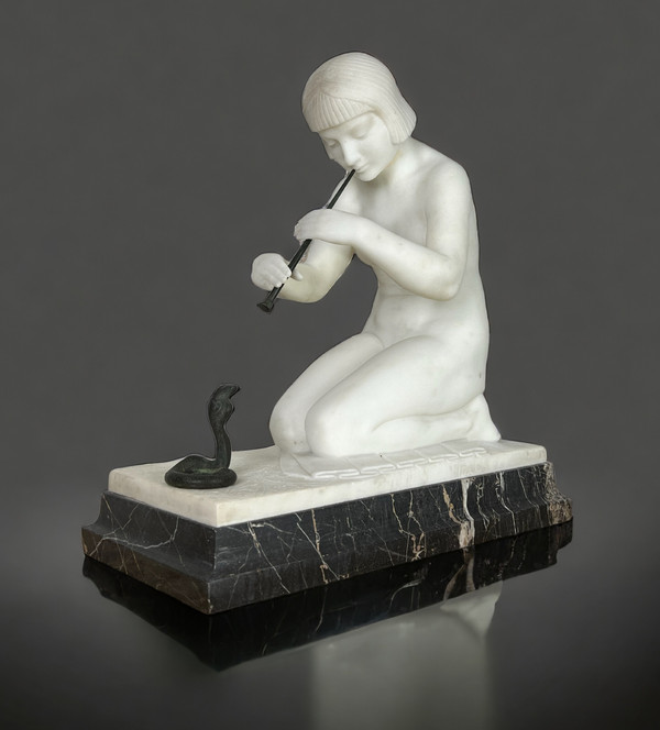 GUGLIELMO PUGI" SCULPTURE IN WHITE ART DECO MARBLE (SNAKE CHARMER)
