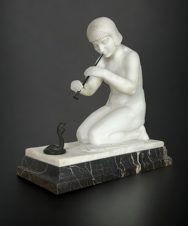 GUGLIELMO PUGI" SCULPTURE IN WHITE ART DECO MARBLE (SNAKE CHARMER)