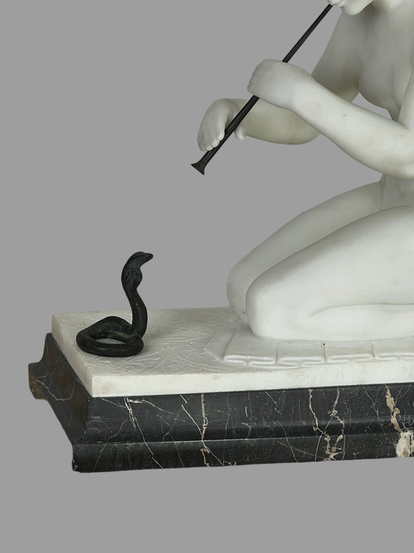 GUGLIELMO PUGI" SCULPTURE IN WHITE ART DECO MARBLE (SNAKE CHARMER)