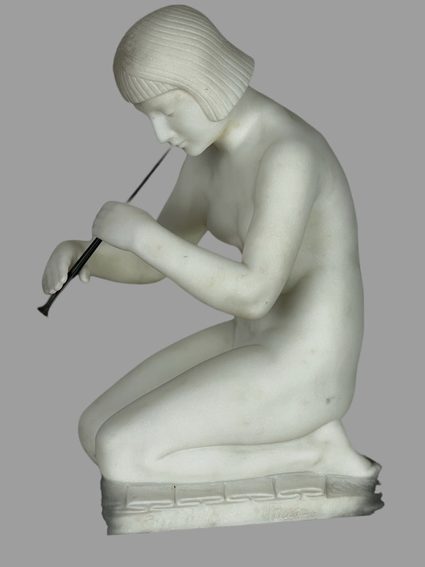 GUGLIELMO PUGI" SCULPTURE IN WHITE ART DECO MARBLE (SNAKE CHARMER)