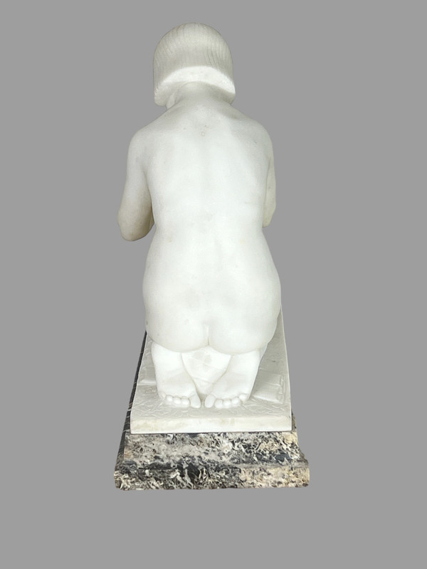 GUGLIELMO PUGI" SCULPTURE IN WHITE ART DECO MARBLE (SNAKE CHARMER)