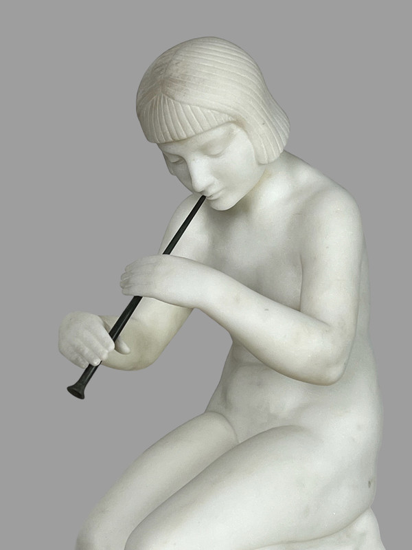 GUGLIELMO PUGI" SCULPTURE IN WHITE ART DECO MARBLE (SNAKE CHARMER)