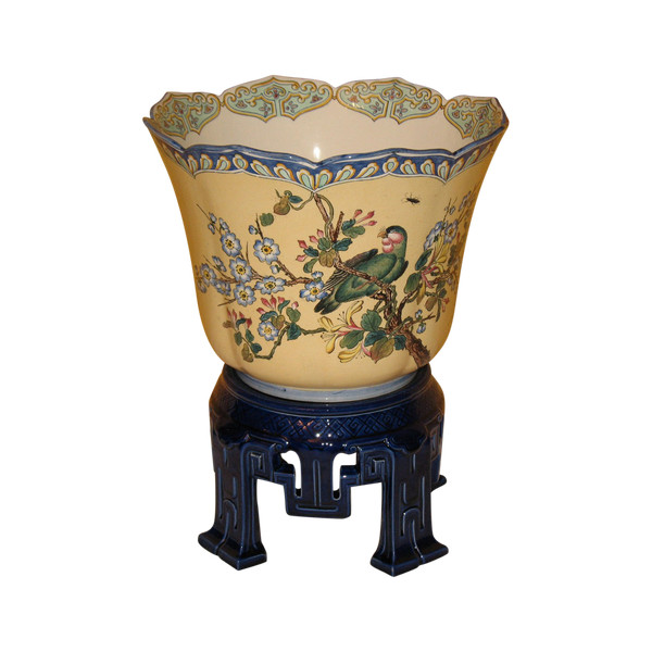 Large Gien earthenware cache pot with Japanese decoration of bird and flowers 19th century period