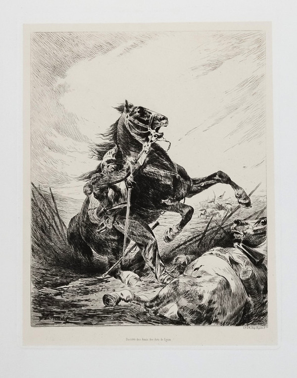 Engraving Cuirassier And His Horse 20th Century Etching Print