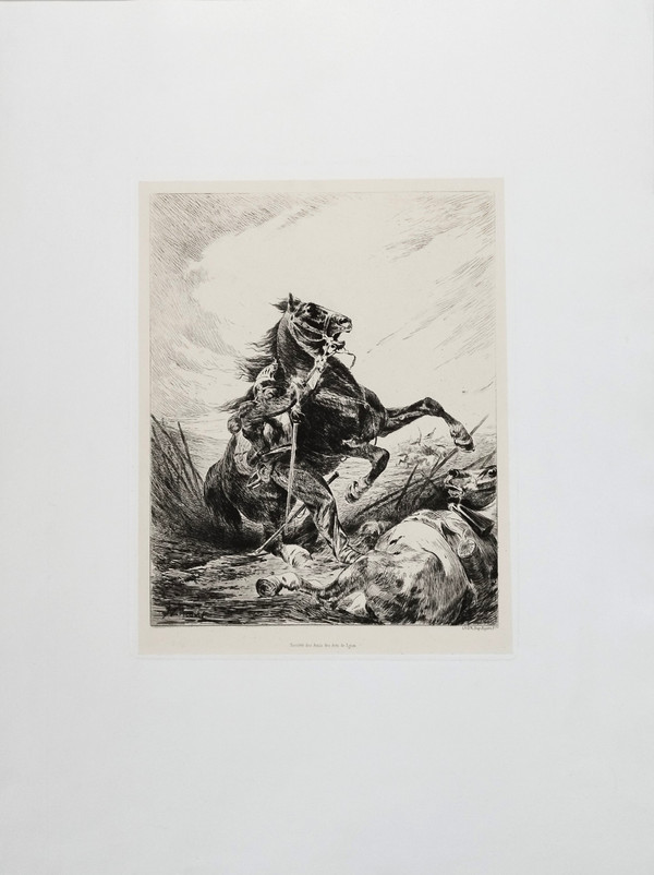 Engraving Cuirassier And His Horse 20th Century Etching Print