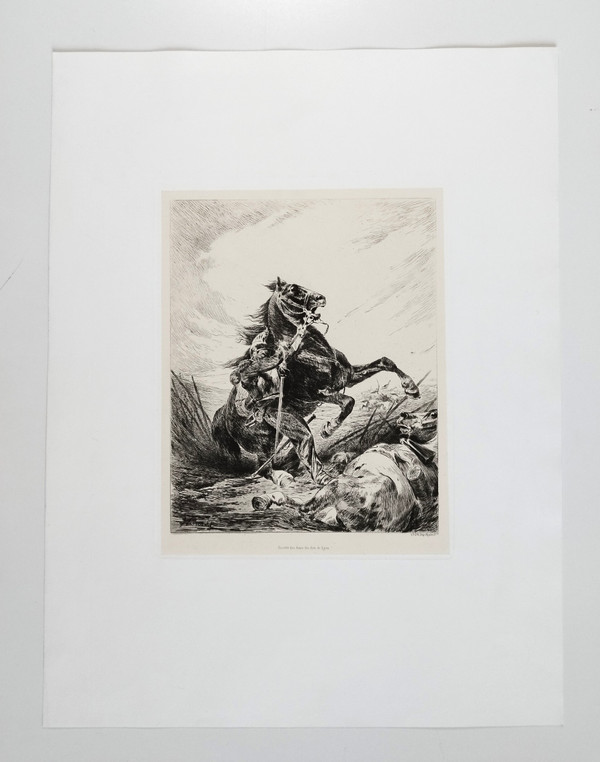 Engraving Cuirassier And His Horse 20th Century Etching Print