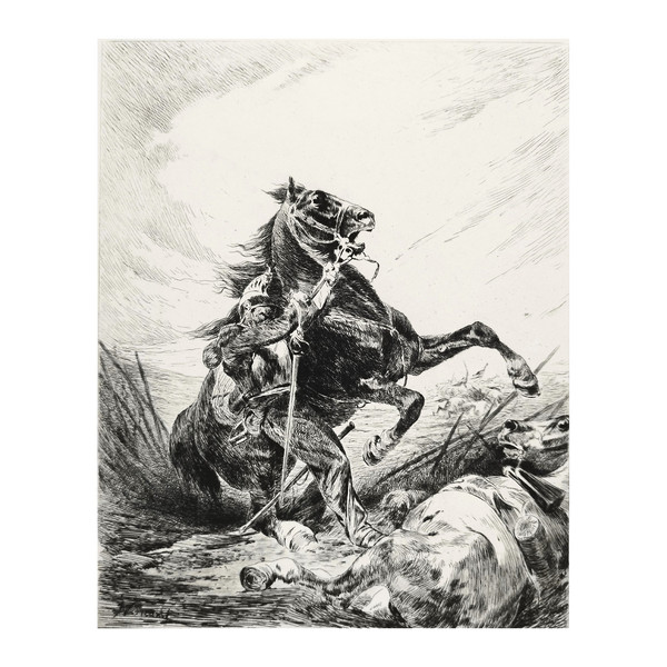 Engraving Cuirassier And His Horse 20th Century Etching Print