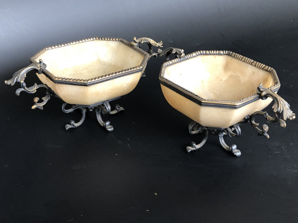 Paire De Coupes En Agate Jaune Montée Argent Doré - XIXème