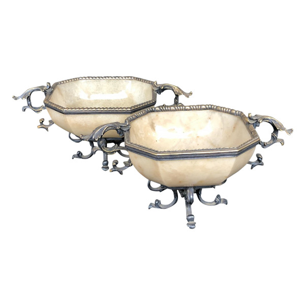 Paire De Coupes En Agate Jaune Montée Argent Doré - XIXème