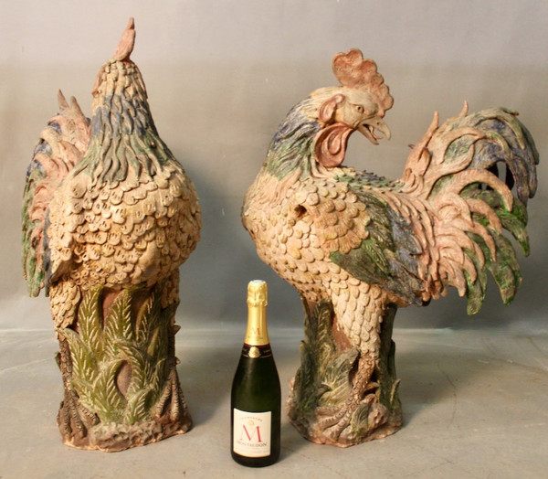 Paire De Coq En Terre Cuite Polychrome XVIIIème