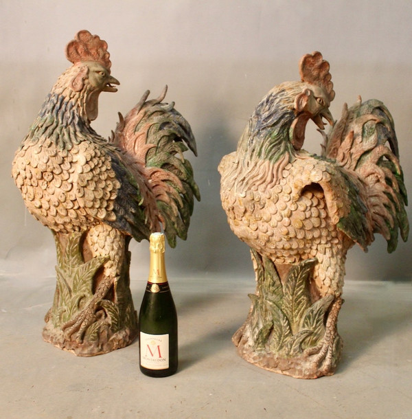 Paire De Coq En Terre Cuite Polychrome XVIIIème