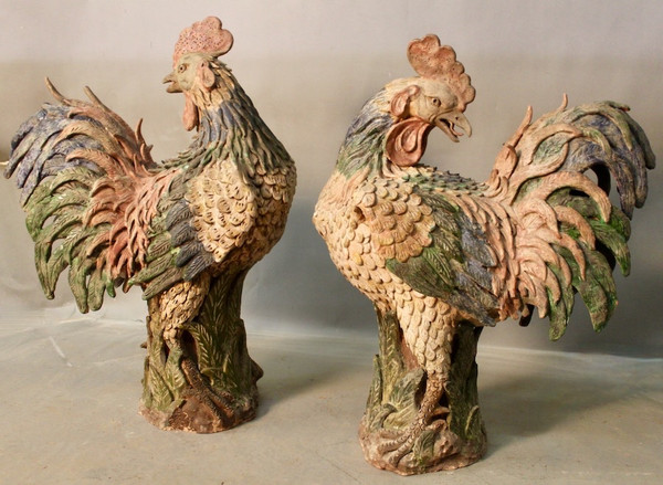Paire De Coq En Terre Cuite Polychrome XVIIIème
