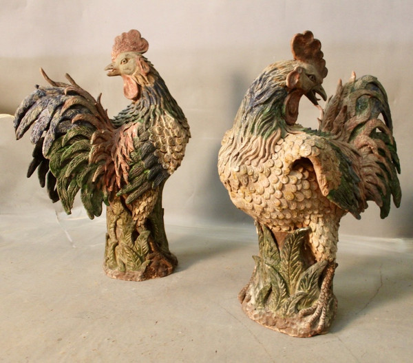 Paire De Coq En Terre Cuite Polychrome XVIIIème
