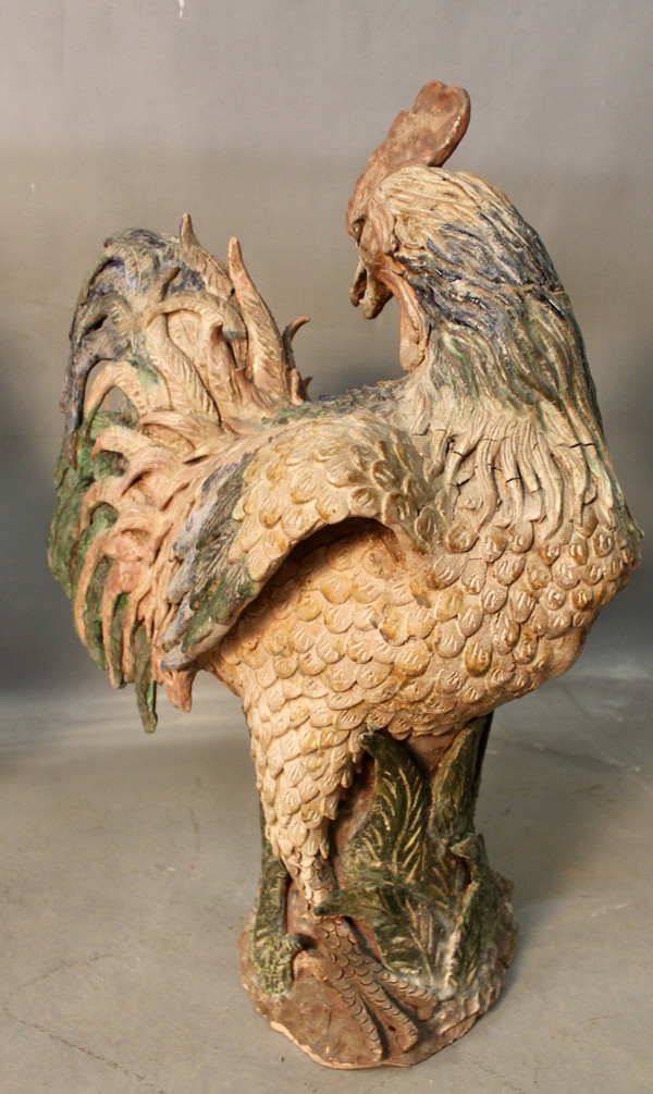 Paire De Coq En Terre Cuite Polychrome XVIIIème