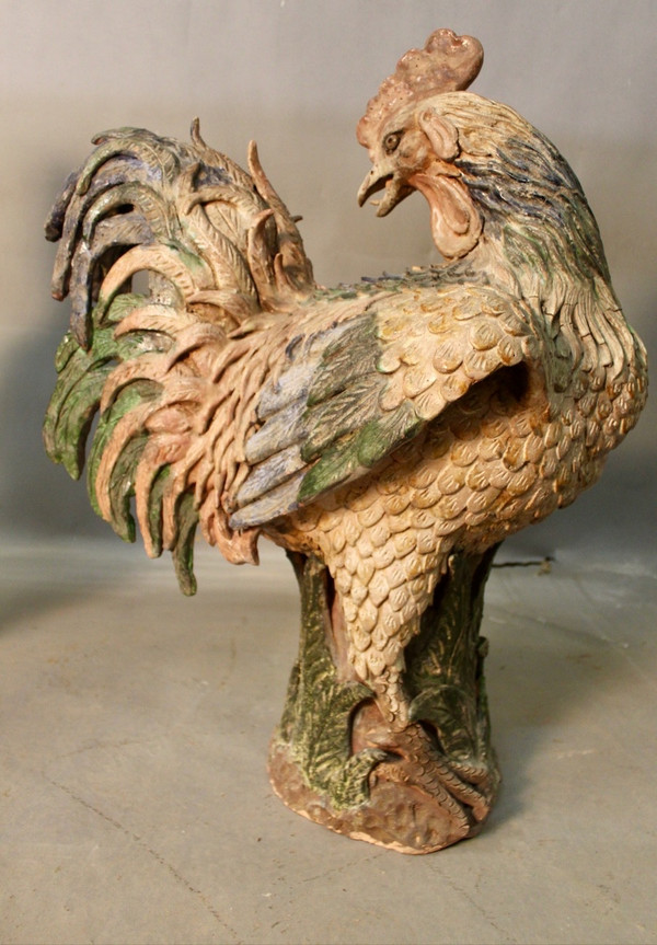 Paire De Coq En Terre Cuite Polychrome XVIIIème