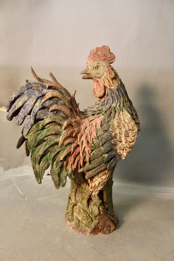 Paire De Coq En Terre Cuite Polychrome XVIIIème