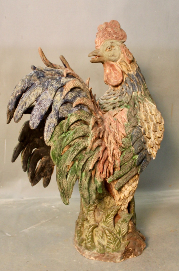 Paire De Coq En Terre Cuite Polychrome XVIIIème