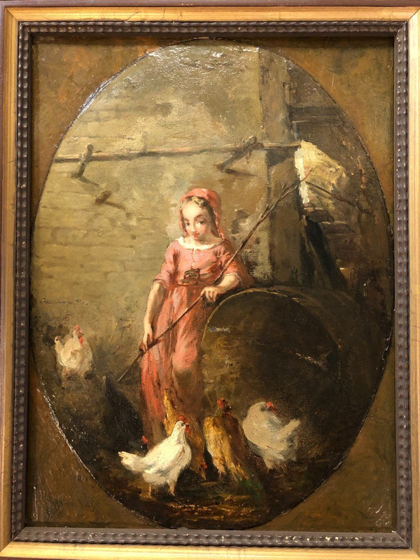 Jules Gros 19. Jahrhundert - Die kleine Bäuerin mit den Hühnern