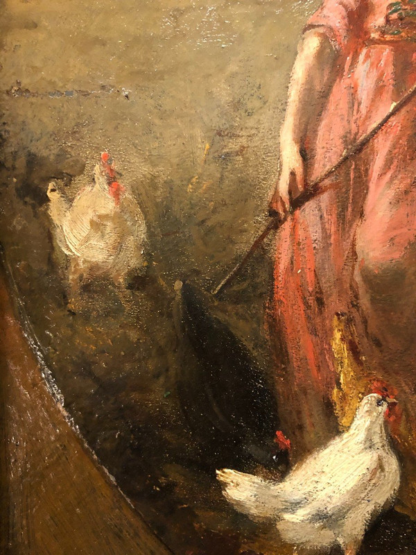 Jules Gros 19. Jahrhundert - Die kleine Bäuerin mit den Hühnern