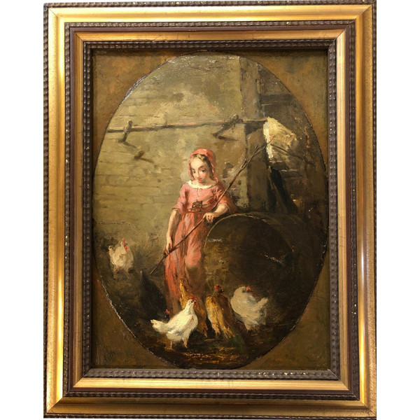 Jules Gros 19. Jahrhundert - Die kleine Bäuerin mit den Hühnern