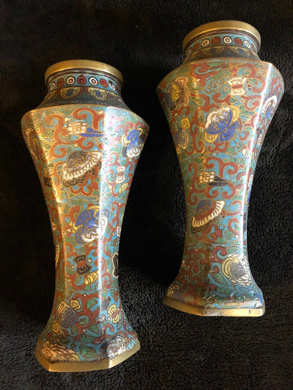 Pair Of Cloisonné Bronze Vases Japan 19th Century