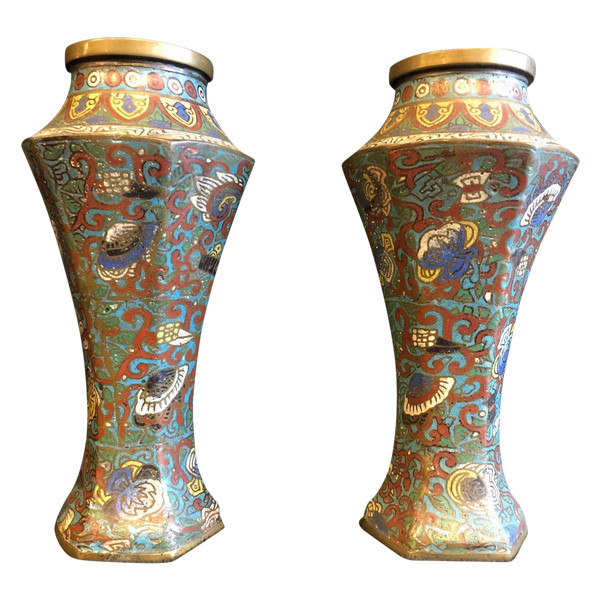 Pair Of Cloisonné Bronze Vases Japan 19th Century