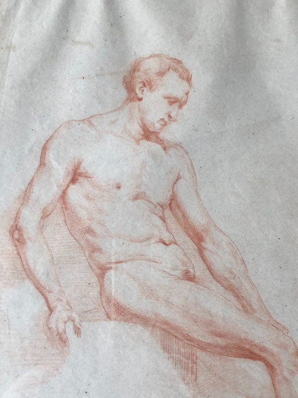 Ecole Napolitaine - Dessin académique  d'Homme Nue à La Sanguine - XIXème Siècle