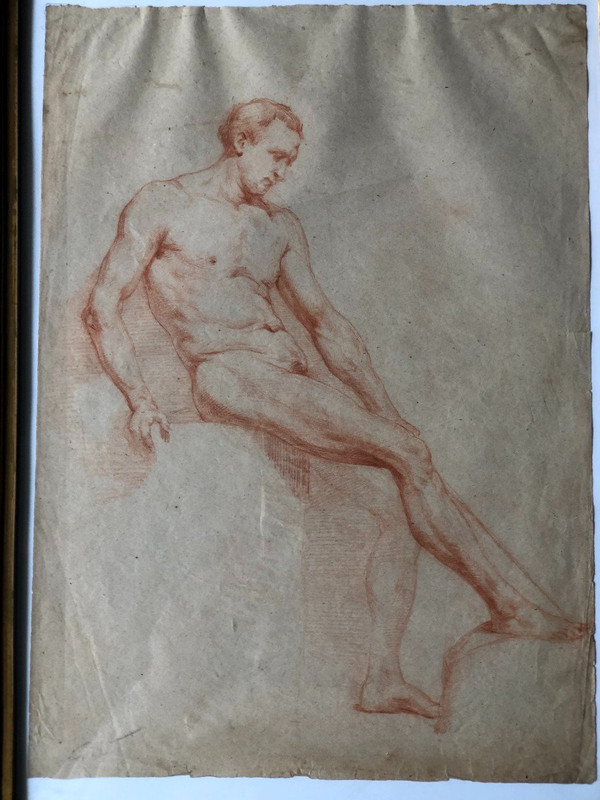 Ecole Napolitaine - Dessin académique  d'Homme Nue à La Sanguine - XIXème Siècle