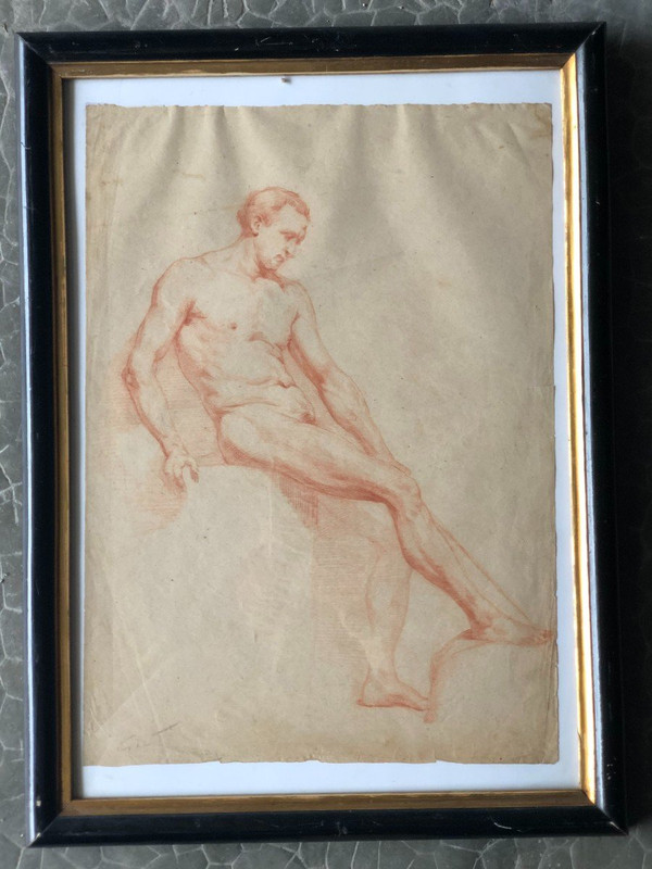 Ecole Napolitaine - Dessin académique  d'Homme Nue à La Sanguine - XIXème Siècle