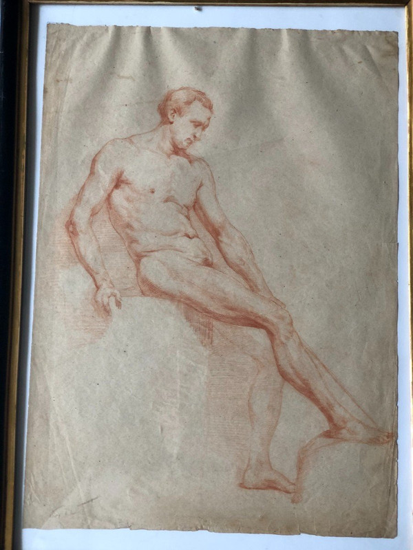 Ecole Napolitaine - Dessin académique  d'Homme Nue à La Sanguine - XIXème Siècle