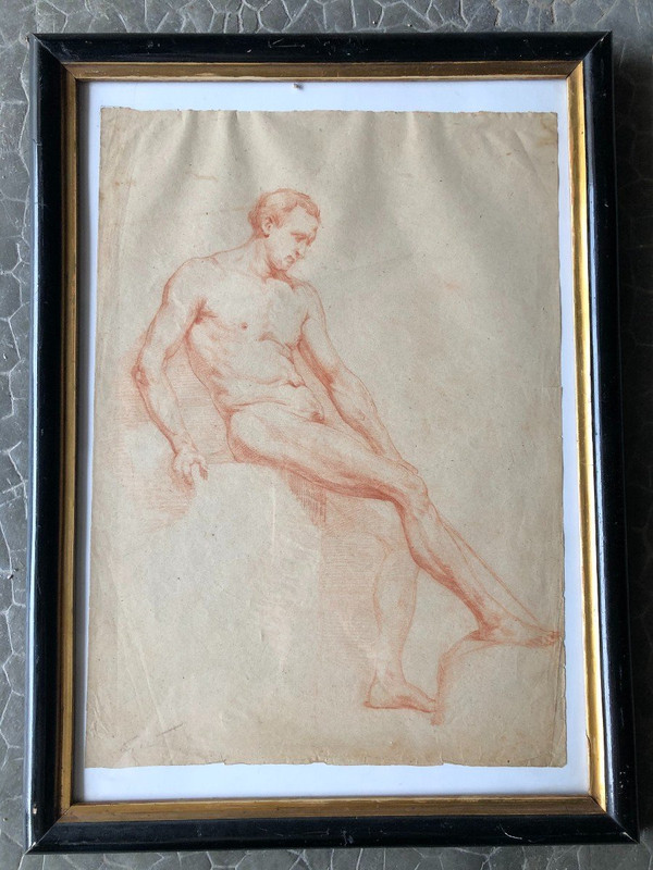 Ecole Napolitaine - Dessin académique  d'Homme Nue à La Sanguine - XIXème Siècle