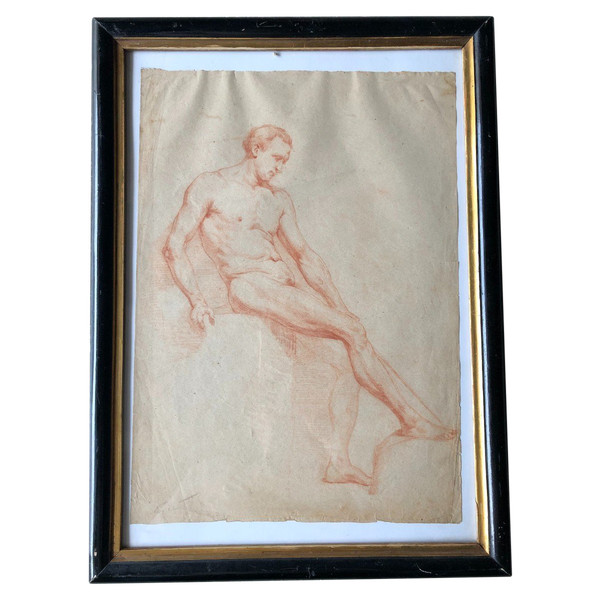 Neapolitan School - Academic Drawing of a Nude Man in Sanguine - XIXth Century