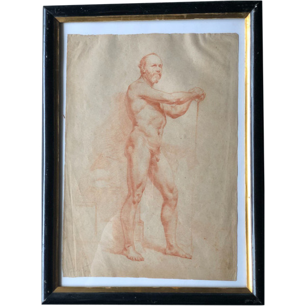 Neapolitan School - Academic Drawing of a Nude Man in Sanguine - XIXth Century