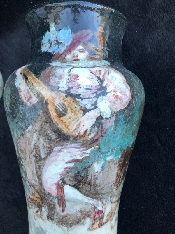 Pair Of Impressionist Barbotine Vases Montigny Sur Loing H 27 Cm