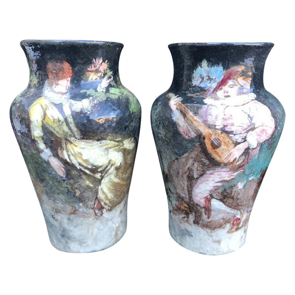 Pair Of Impressionist Barbotine Vases Montigny Sur Loing H 27 Cm