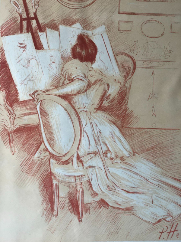 Paul César Helleu - Zeichnende Frau - Ed. Sagot Um 1900
