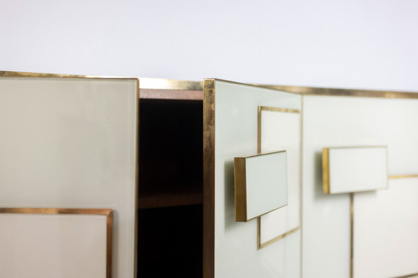 Gilded brass and glass geometric sideboard. Contemporary Italian work.