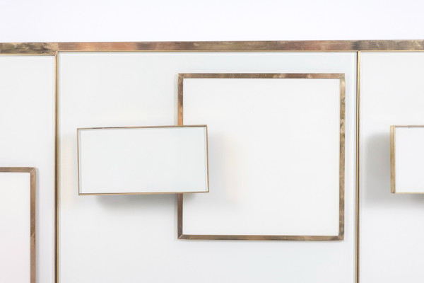 Gilded brass and glass geometric sideboard. Contemporary Italian work.