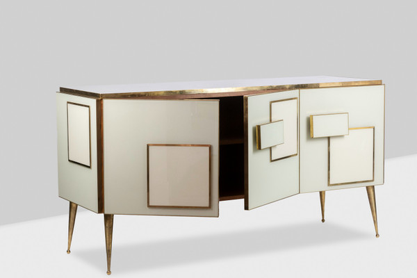 Gilded brass and glass geometric sideboard. Contemporary Italian work.