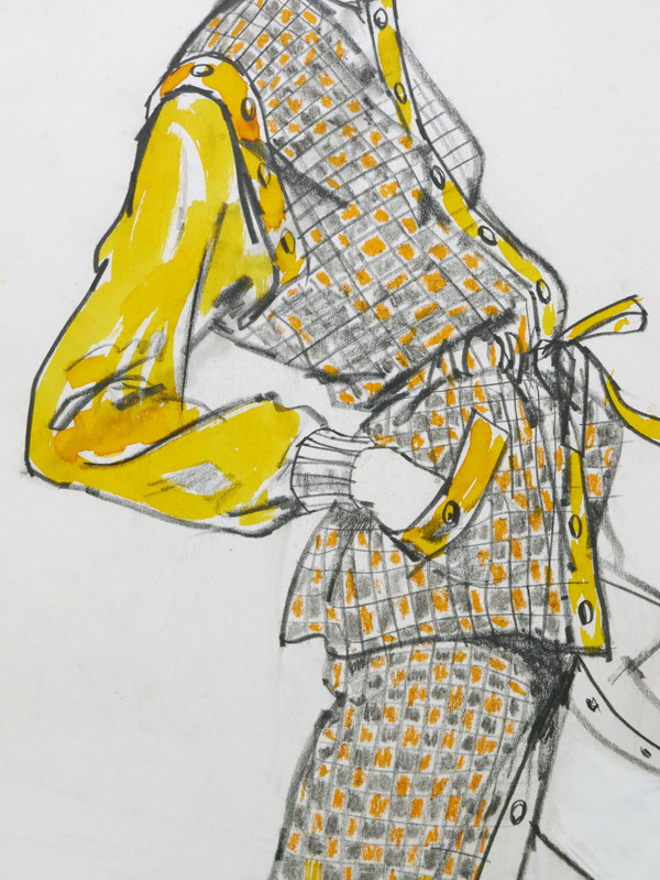 Urs SCHMID, pour la maison Yves SAINT-LAURENT, Mannequin portant un ensemble jaune à carreaux avec une capuche