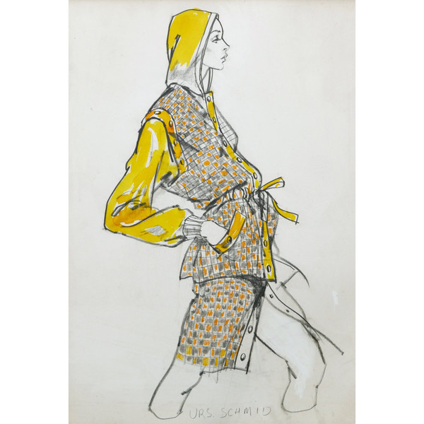 Urs SCHMID, for Yves SAINT-LAURENT, Model wearing a yellow plaid outfit with a hood.