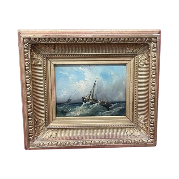 Marine painting oil on wood 19th C