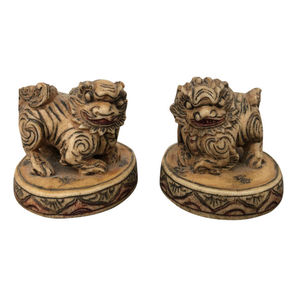 coppia di sculture cinesi in avorio "cani FO" - Okimono
