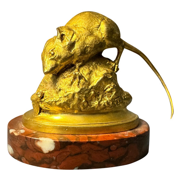 Scultura in bronzo dorato "Topo con mosca" T. ANCONA