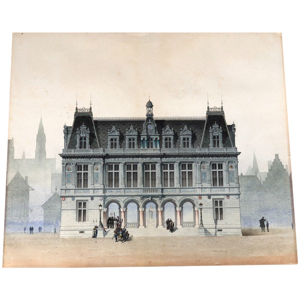 Aquarelle Château Ou Dessin d'Architecture Fin XIXème Siècle