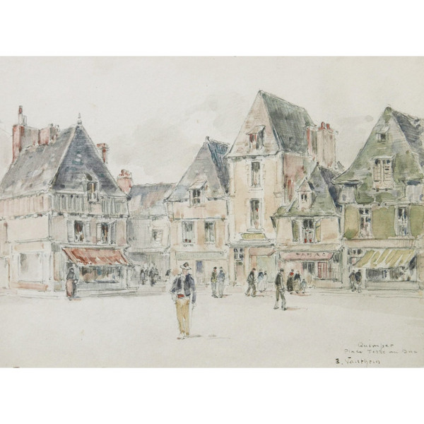 Ernest Germain VAUTHRIN, Animated view of the Place Terre au Duc in Quimper