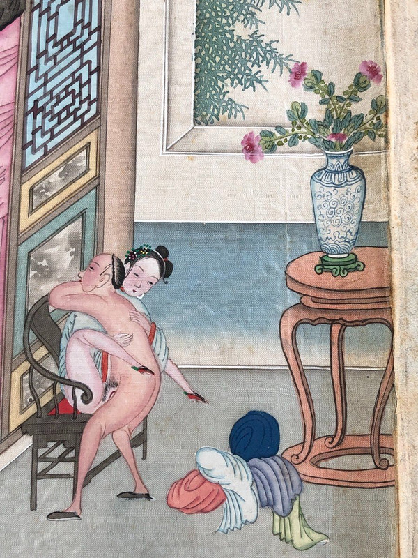 Album erotico cinese a fisarmonica 12 acquerelli su seta dell'inizio del XIX secolo