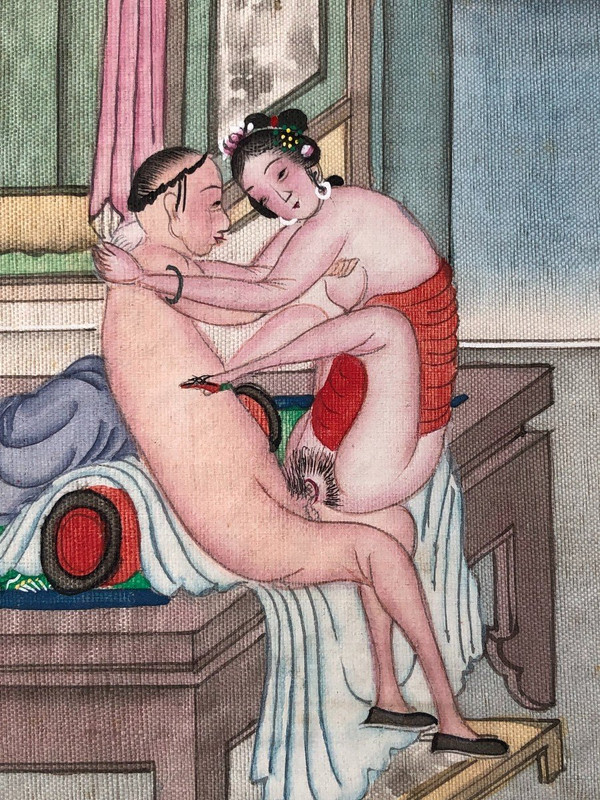 Album erotico cinese a fisarmonica 12 acquerelli su seta dell'inizio del XIX secolo