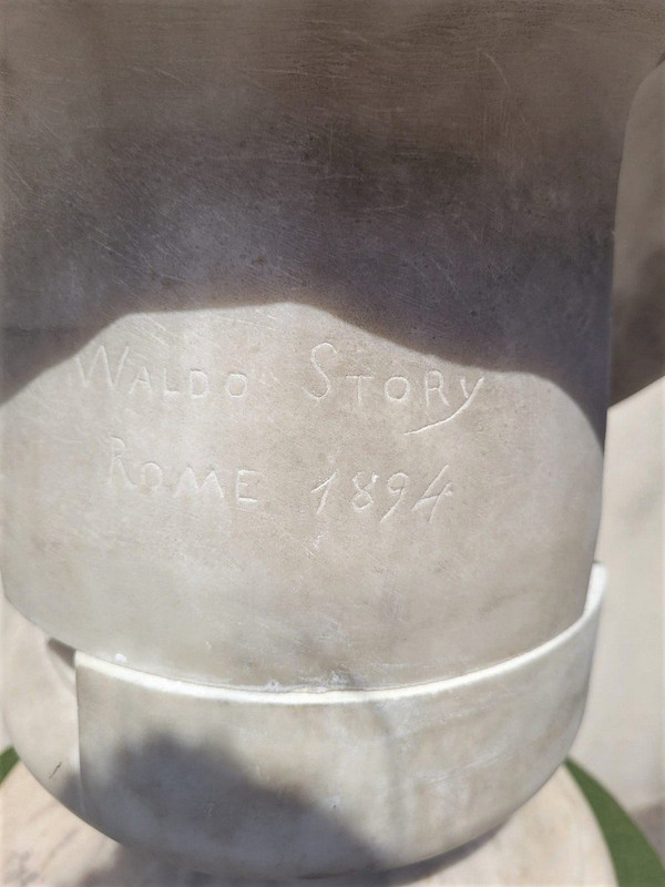 *Offre spéciale  *Busto di dama, marmo bianco firmato Waldo Story, Roma 1894